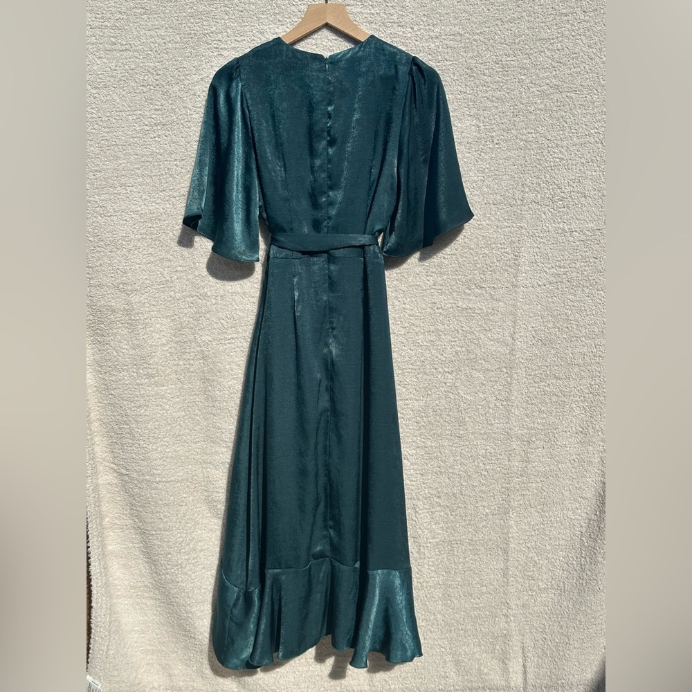 Lulus Wrapped Up In Love Dark Green Satin Faux Wrap Midi Dress M - Picture 3 of 10